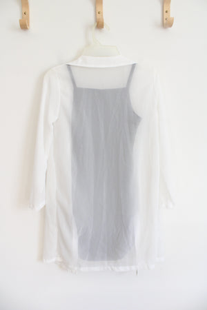 white sheer cardigan for dress WHITE V NECK BUTTON DOWN SHEER KNIT CARDIGAN Sofi Stella Women's & Children's Boutique