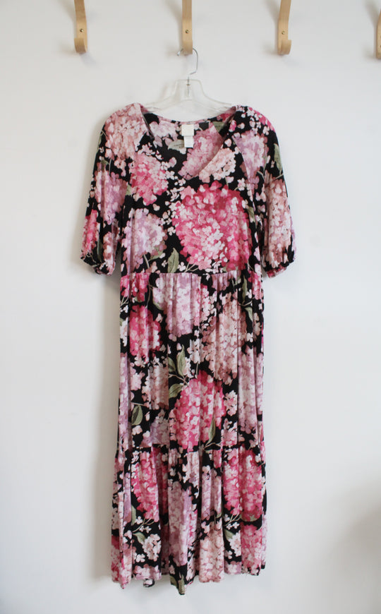 H&M Black & Pink Floral Midi Dress | XS