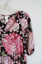 H&M Black & Pink Floral Midi Dress | XS