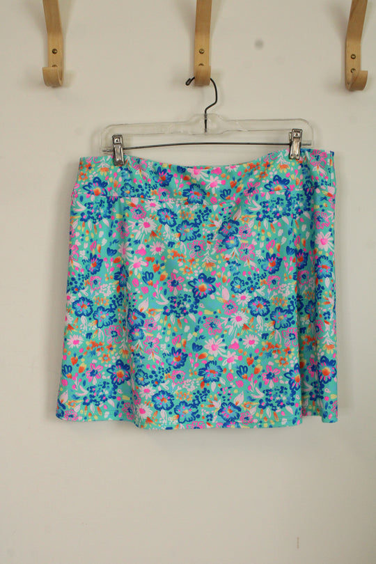 Aryeh Teal Multicolor Swim Skort with Front Zipper | L