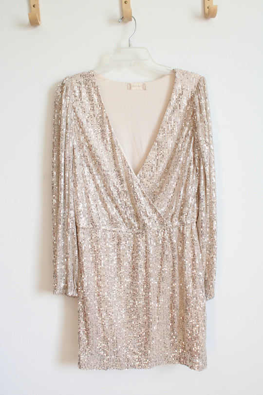 Altar'd State Champagne Sequined Long Sleeved Dress | L