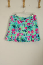 Aryeh Teal and Pink Floral Swim Skort with Ruffle | L