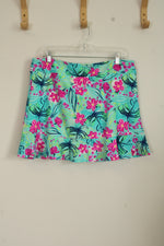 Aryeh Teal and Pink Floral Swim Skort with Ruffle | L