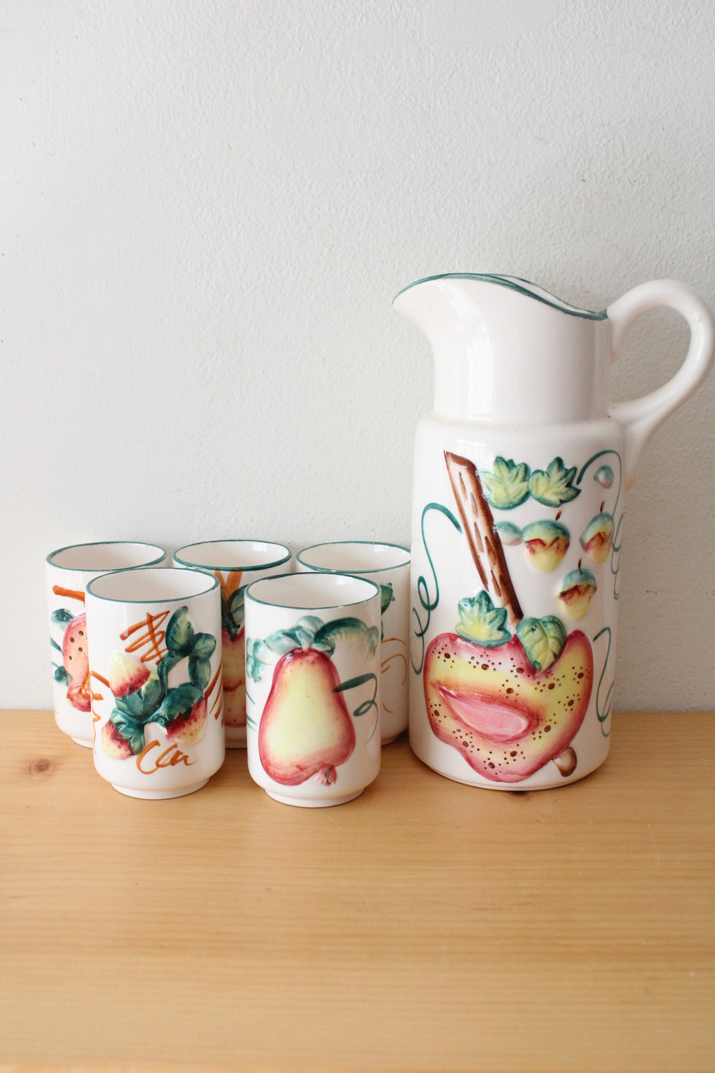 Vintage White Ceramic Fruit Pitcher & Glasses | Set Of 6