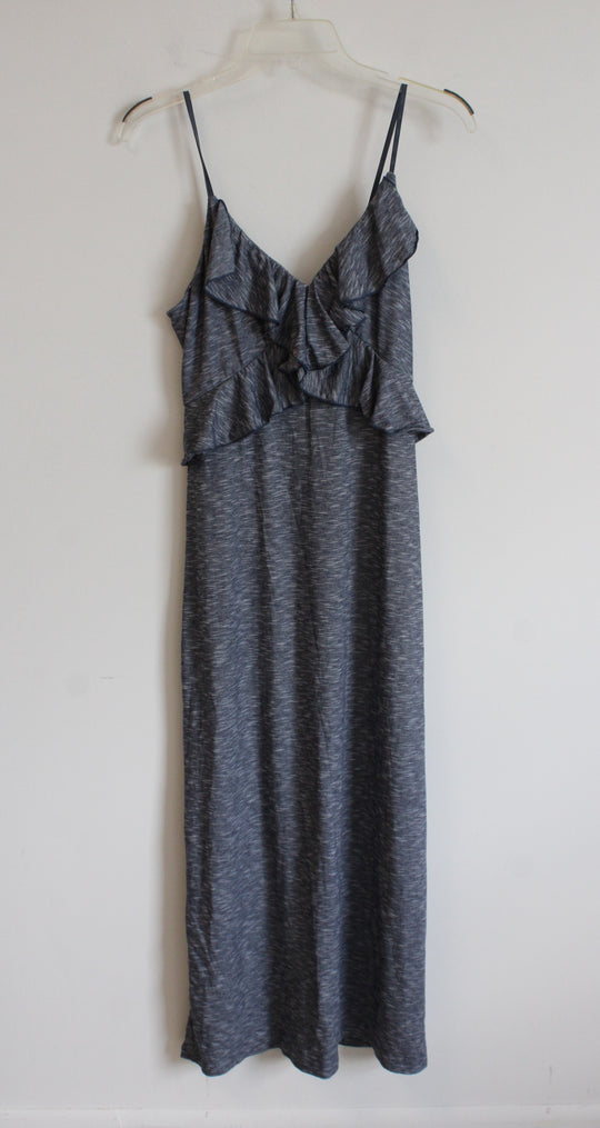 Max Studio Blue and Gray Striped Ruffled V-Neck Maxi Dress | M