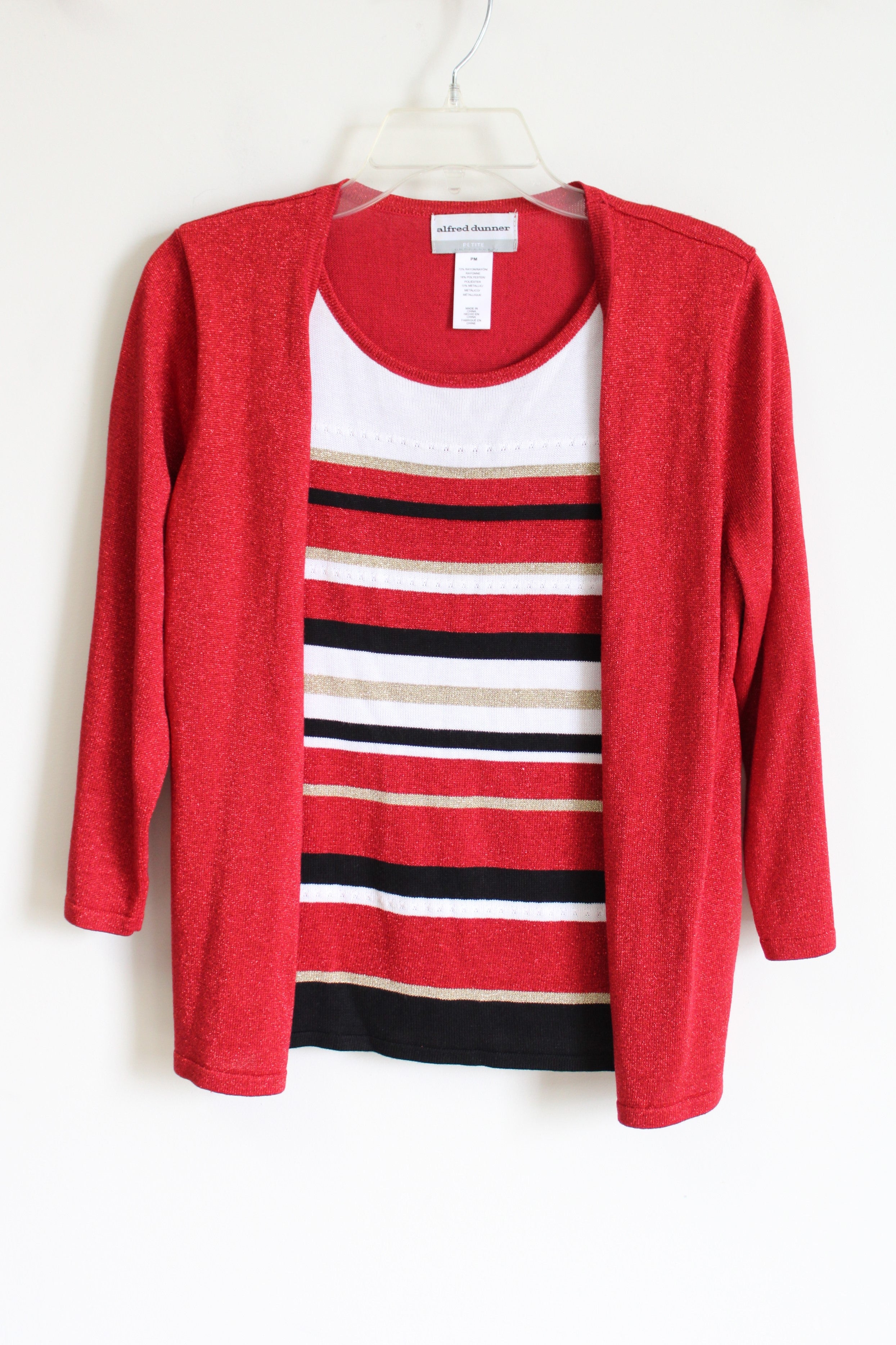 Alfred Dunner Red Shimmer Striped Top | M Petite