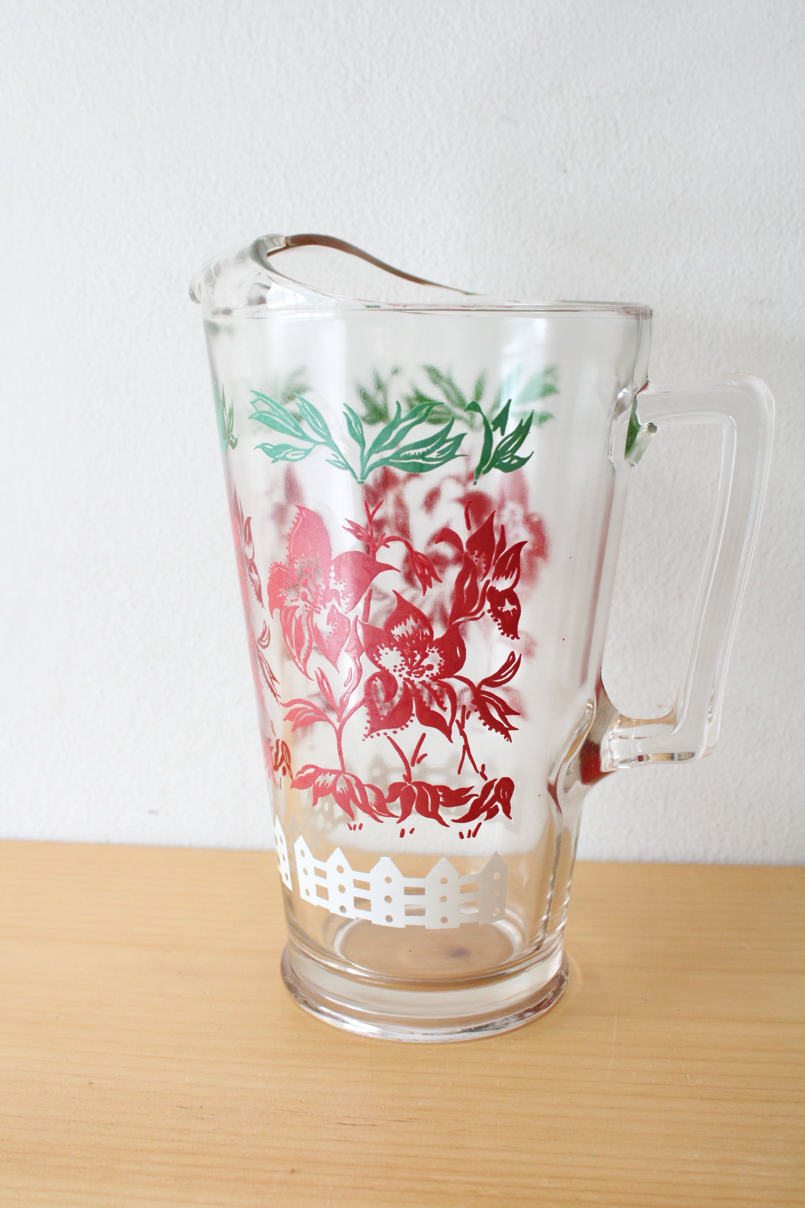 Vintage Clear Glass Red Floral White Picket Fence Pitcher