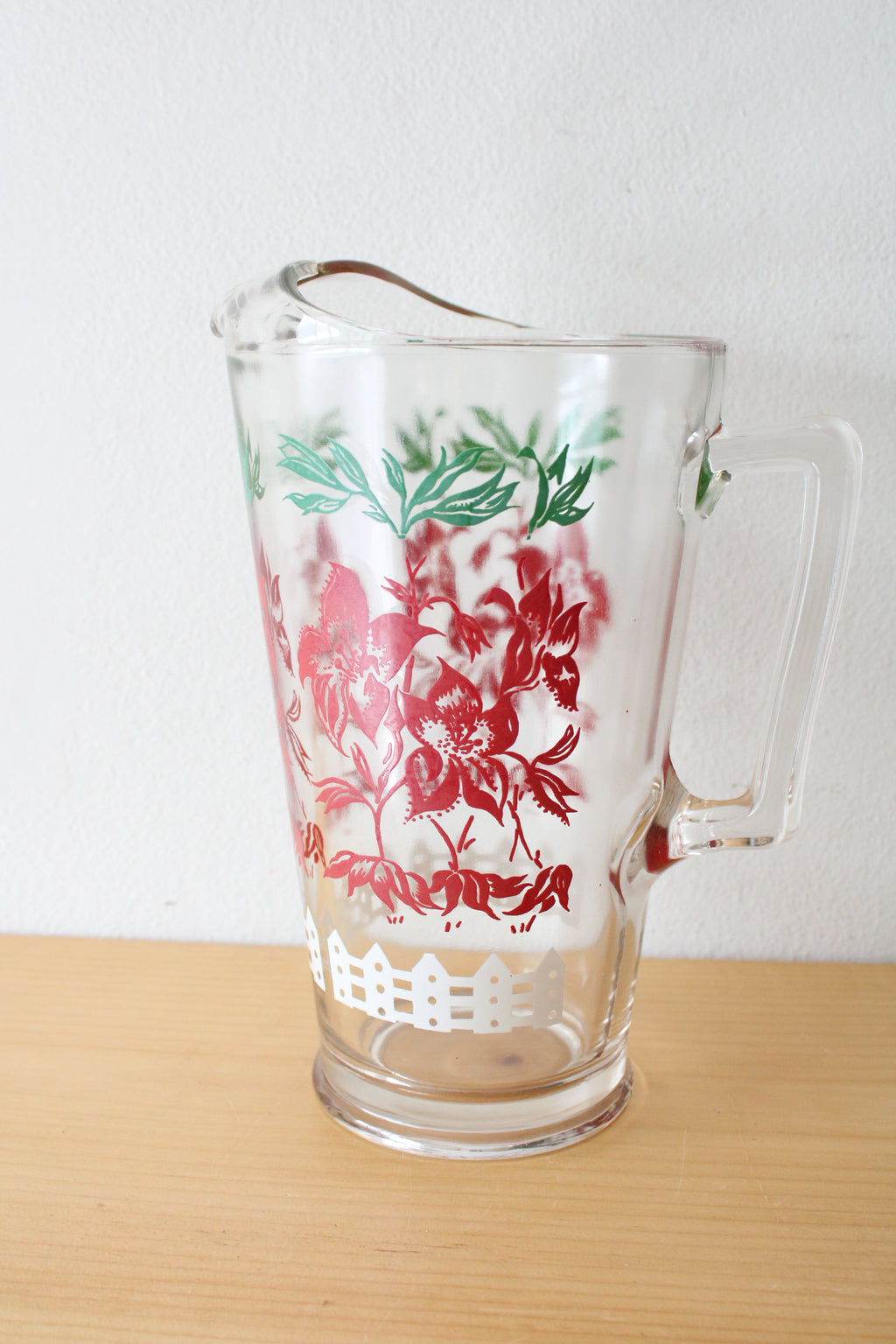 Vintage Clear Glass Red Floral White Picket Fence Pitcher