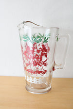 Vintage Clear Glass Red Floral White Picket Fence Pitcher