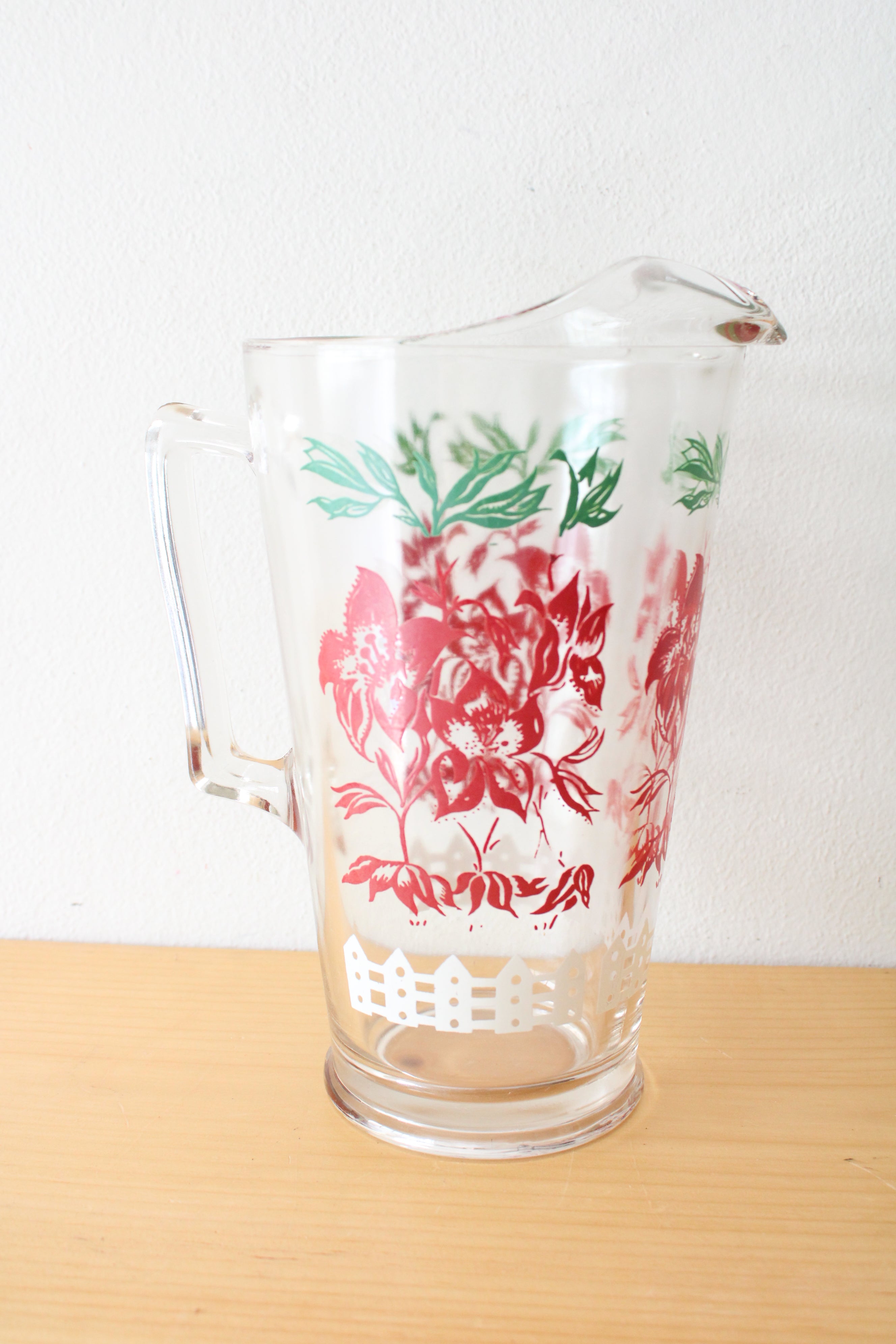 Vintage Clear Glass Red Floral White Picket Fence Pitcher