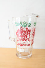 Vintage Clear Glass Red Floral White Picket Fence Pitcher