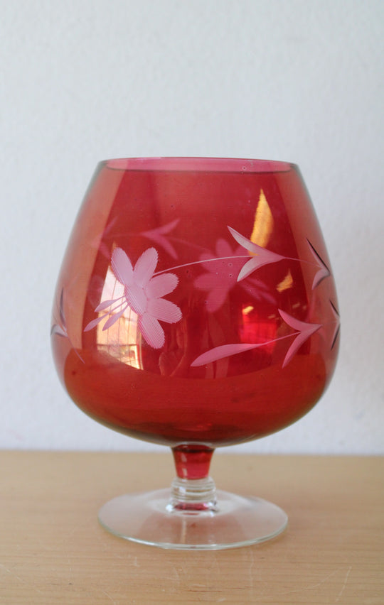 Cranberry Red Floral Etched Stemmed Brandy Vintage Glass