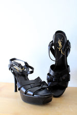 Saint Laurent Black Leather Tribute Platform Heel Sandals | Size 38 1/2