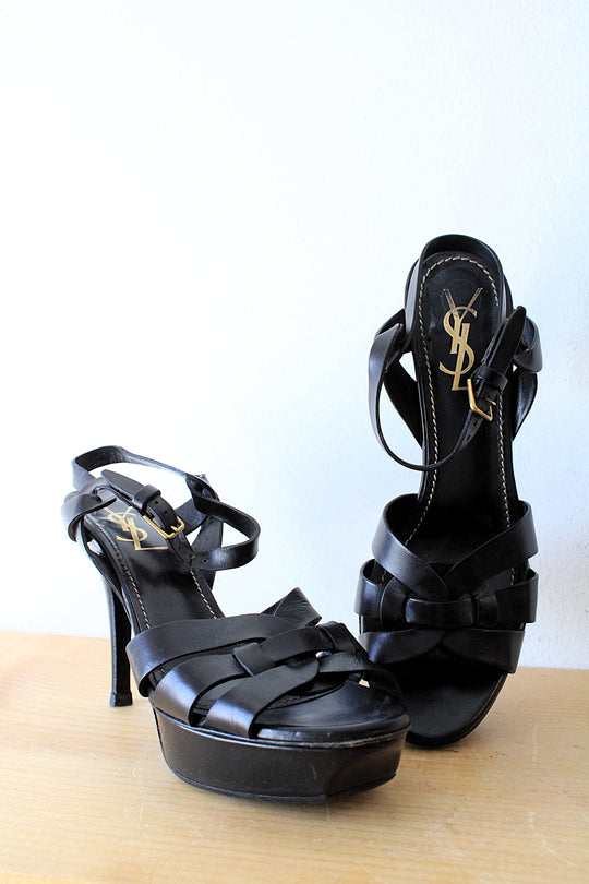 Saint Laurent Black Leather Tribute Platform Heel Sandals | Size 38 1/2