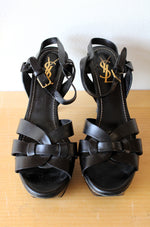 Saint Laurent Black Leather Tribute Platform Heel Sandals | Size 38 1/2