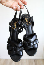Saint Laurent Black Leather Tribute Platform Heel Sandals | Size 38 1/2