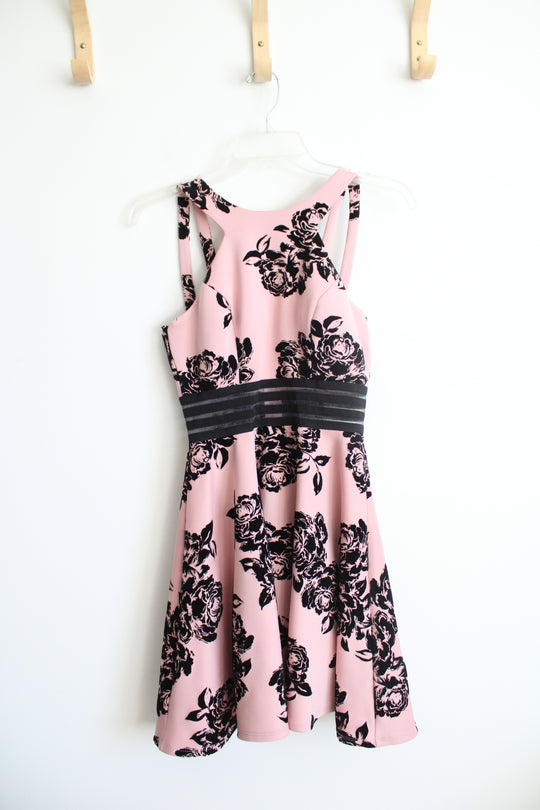 City Triangles Dusty Pink & Black Textured Floral Halter Neck Fit & Flare Dress | 3