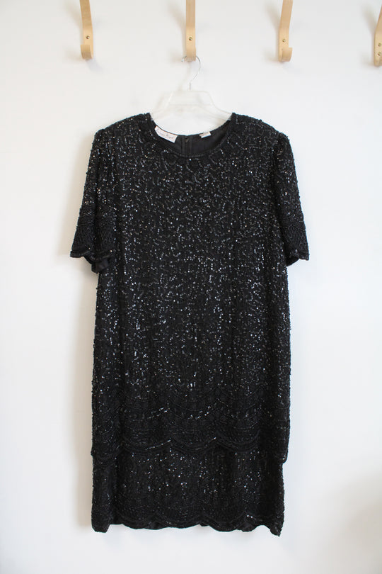 Vintage Laurence Kazar Black Sequined Silk Dress | 1X
