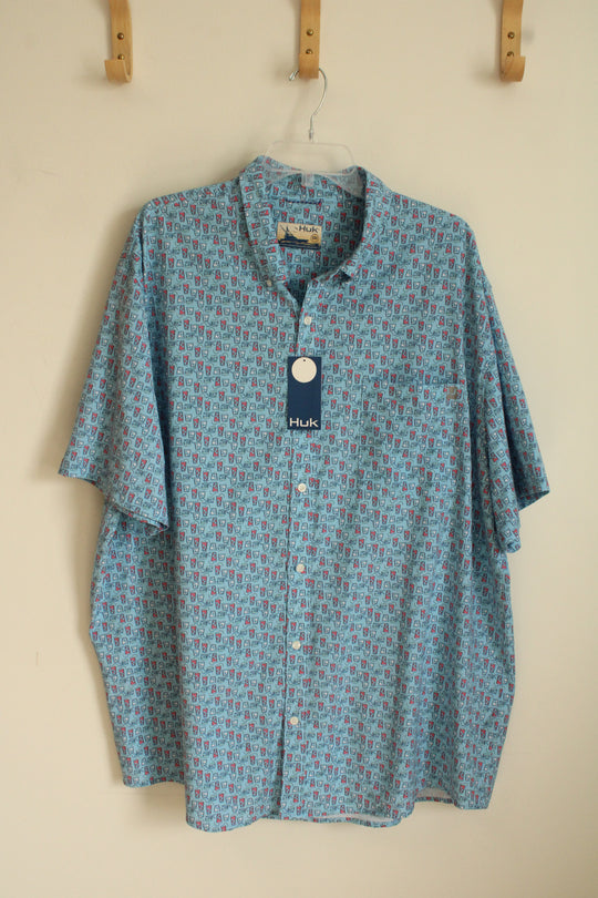 NEW Huk Blue Drink and Fish Sandwich Printed Button Down Short Sleeve Shirt | 3XL