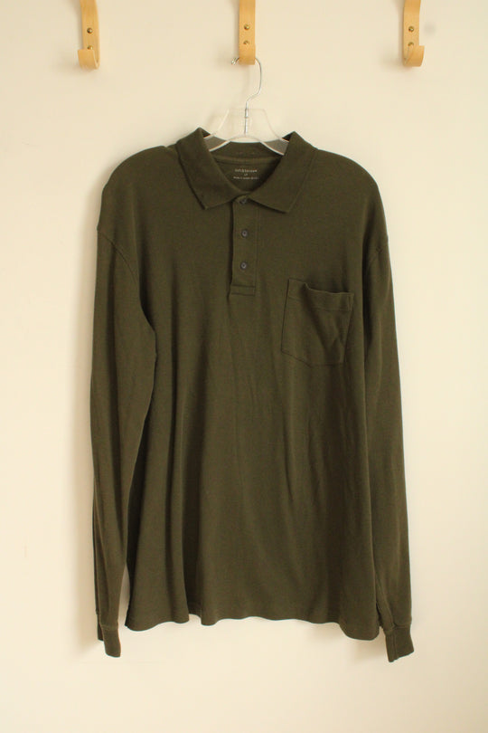 Croft & Barrow Dark Green Long Sleeve Quarter Button Collared Shirt | L-T