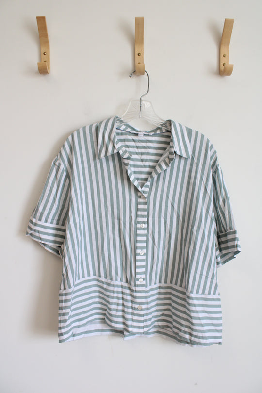 Jane & Delancey Green & White Striped Button Down Top | L