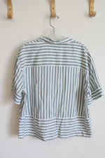 Jane & Delancey Green & White Striped Button Down Top | L