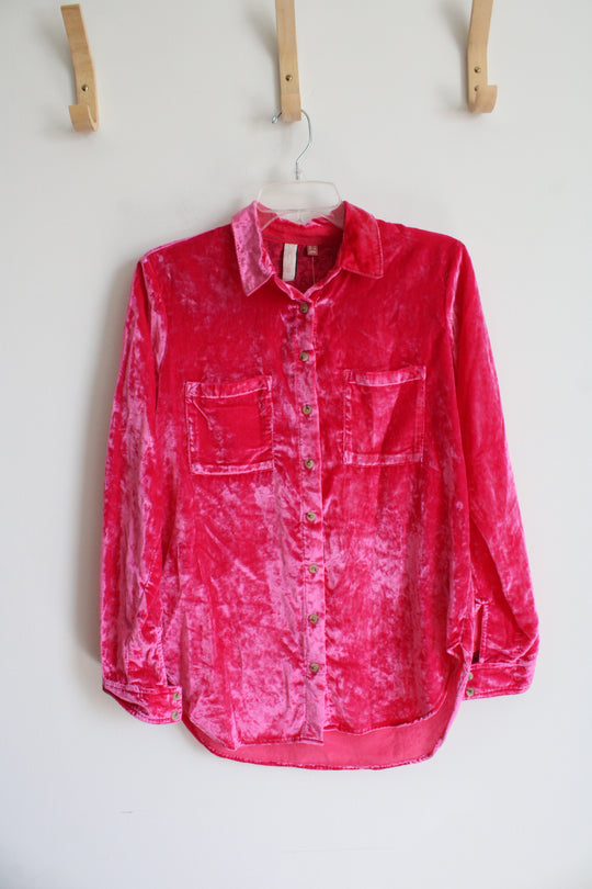 NEW Anthropologie Pilcro Hot Pink Velvet Button Down Top | 0