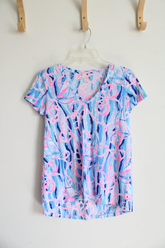NEW Lilly Pulitzer Etta Skim Blue Reel V-Neck Shirt | XXS