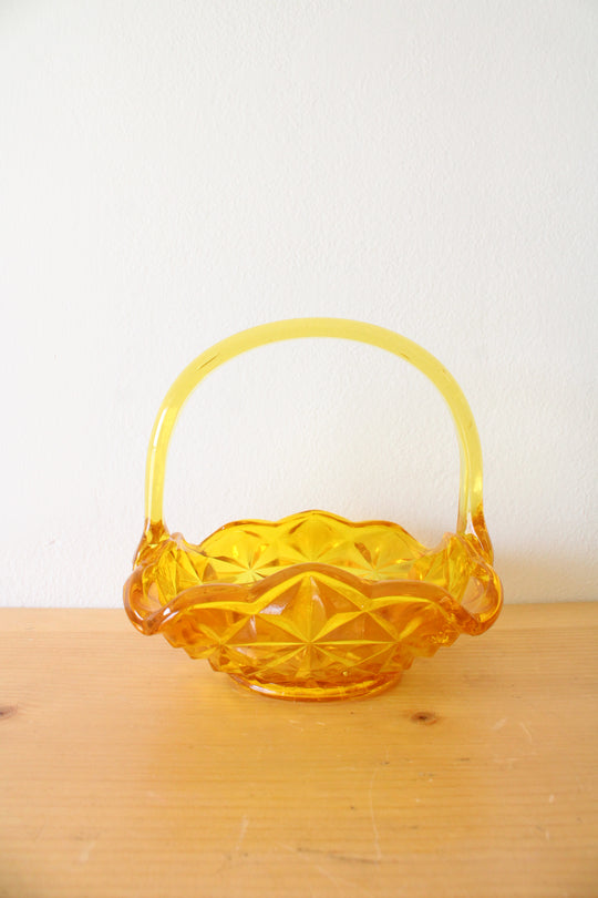 Indiana Glass Vintage Yellow Etched Handled Basket