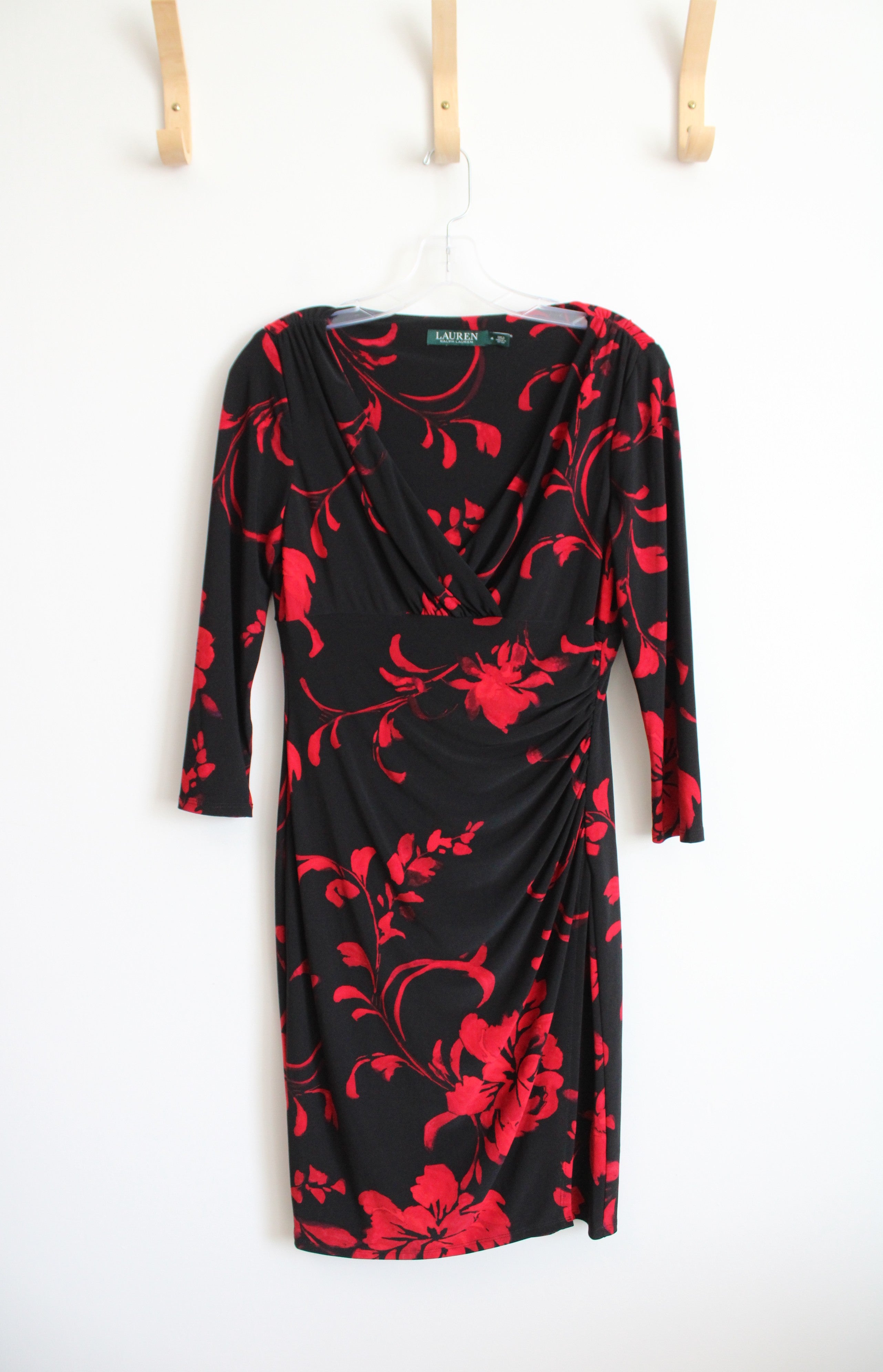 Ralph Lauren Black & Red Floral Ruched Dress