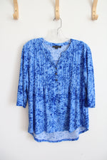 Simplicity Blue Patterned Pleated 1/4 Button Down Top | L
