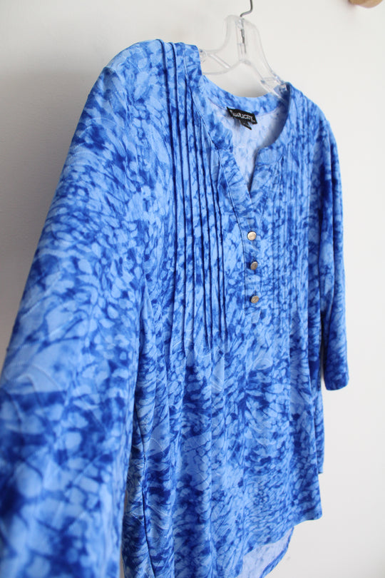 Simplicity Blue Patterned Pleated 1/4 Button Down Top | L