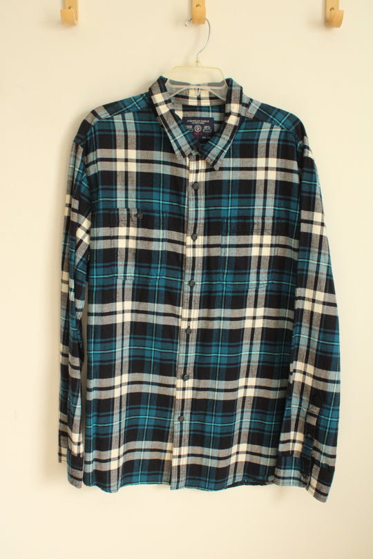 American Eagle Cotton Blue White and Navy Plaid Flannel Button down Shirt | XXL