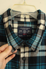 American Eagle Cotton Blue White and Navy Plaid Flannel Button down Shirt | XXL
