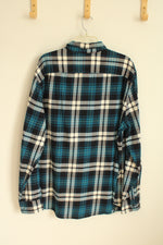 American Eagle Cotton Blue White and Navy Plaid Flannel Button down Shirt | XXL