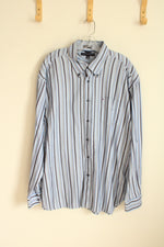 Tommy Hilfiger Blue and Tan Striped Heavy Button Down Shirt | XL