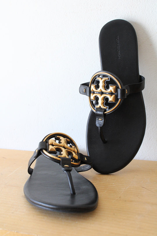 Tory Burch Metal Miller Black Gold Sandals | Size 9 1/2