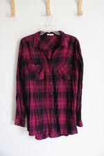 Maurices Purple Black & Orange Plaid Metallic Button Down Top | L