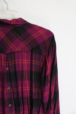 Maurices Purple Black & Orange Plaid Metallic Button Down Top | L