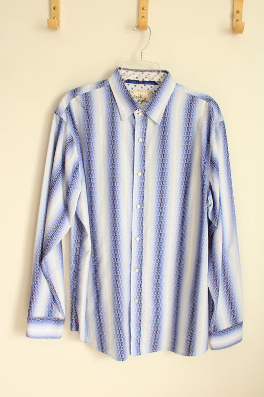 Age of Wisdom Blue and White Printed Button down Shirt with White Stone Snap Buttons | XL