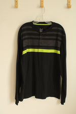 NEW Thrill Black Gray and Lime Green Striped Quarter Button LS Shirt | L