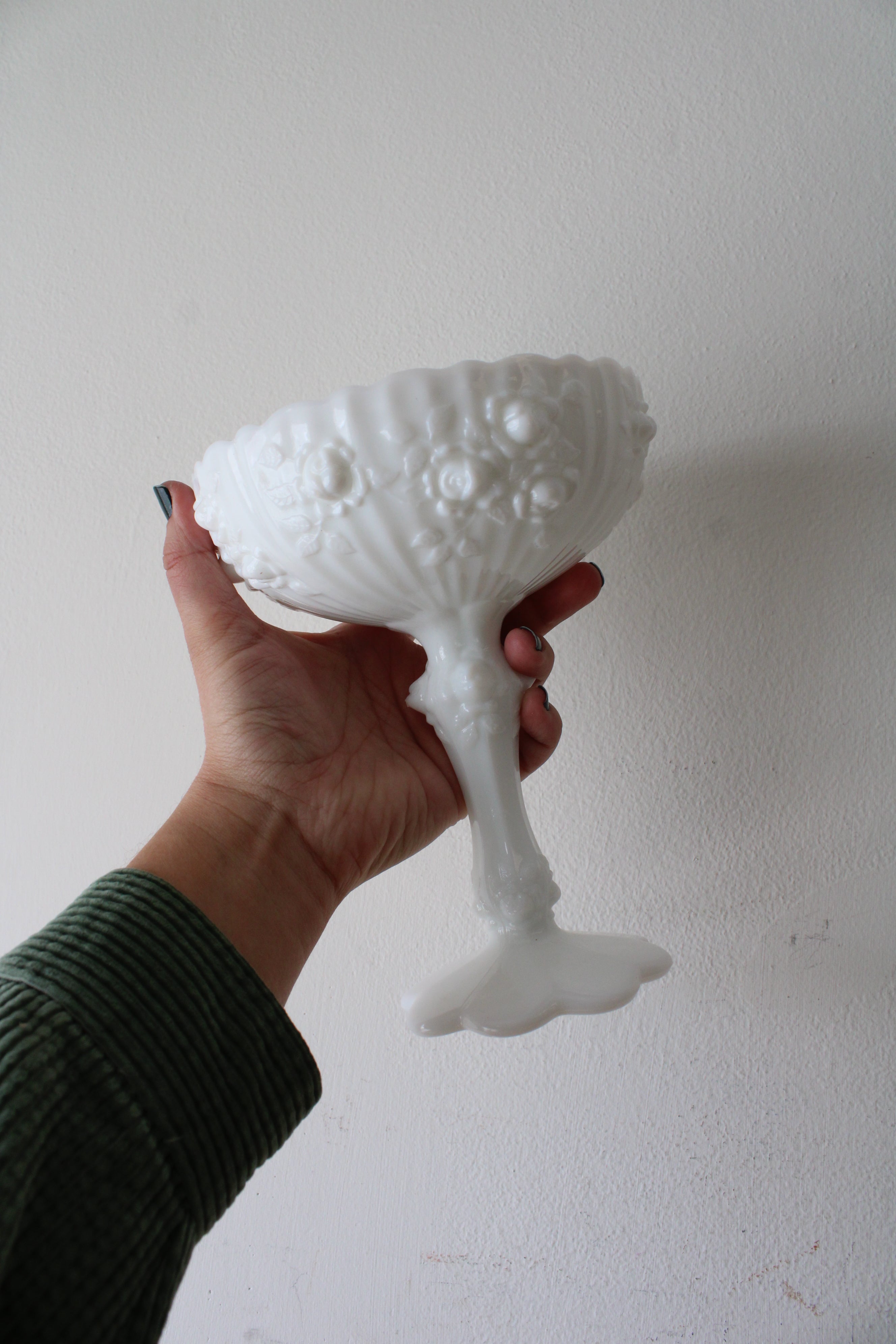 Vintage Fenton Cabbage Rose Milk White Compote Glass Dish