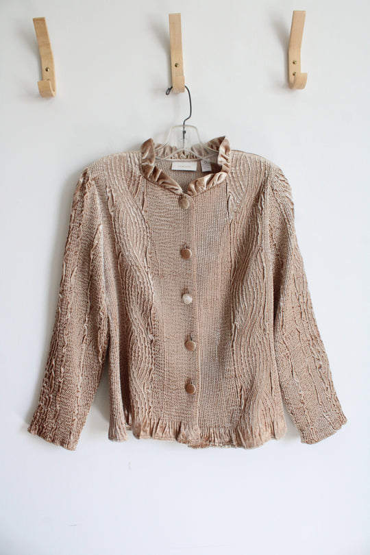 Chico's Tan Rippled Crinkle Velvet Button Down Top | 0 (SM)
