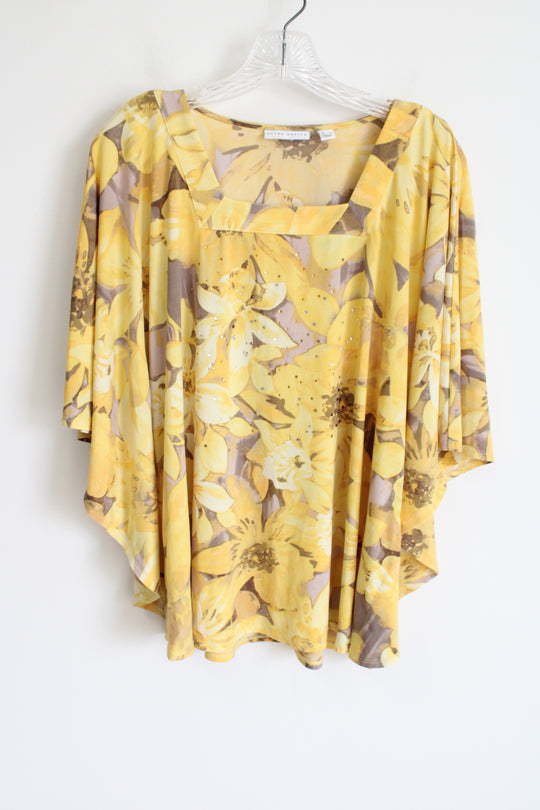 Susan Graver Yellow Flower Square Neck Shirt | M