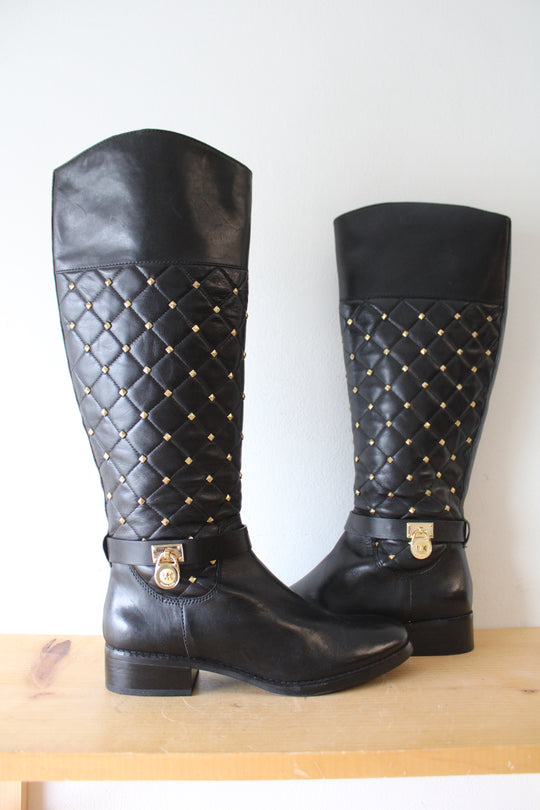 Michael Kors Black Leather Hamilton Studded Boots | 9M