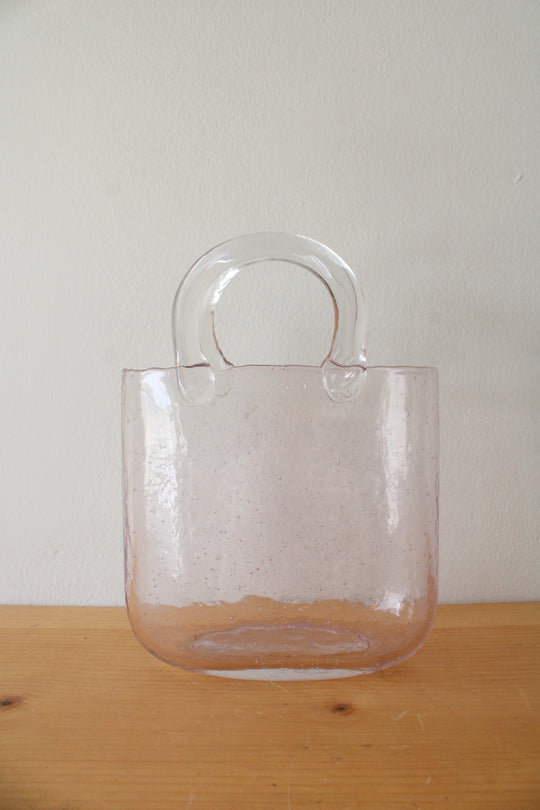 Hand Blown Clear Pink Glass Basket Vase