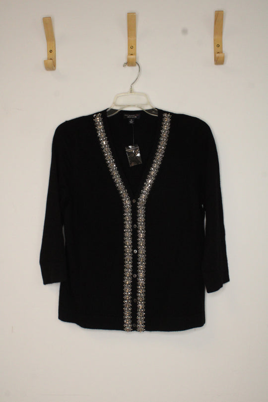 Isaac Mizrahi Black Cashmere V-neck Embellished Cardigan | M