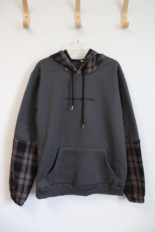 "On The Right Track" Gray & Plaid Hoodie | XL