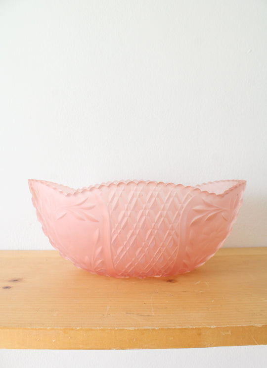 Vintage Etched Frosted Pink Glass Oval Bowl