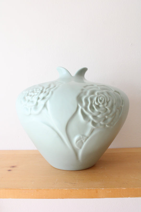 Haeger Pottery Embossed Green Floral Vase